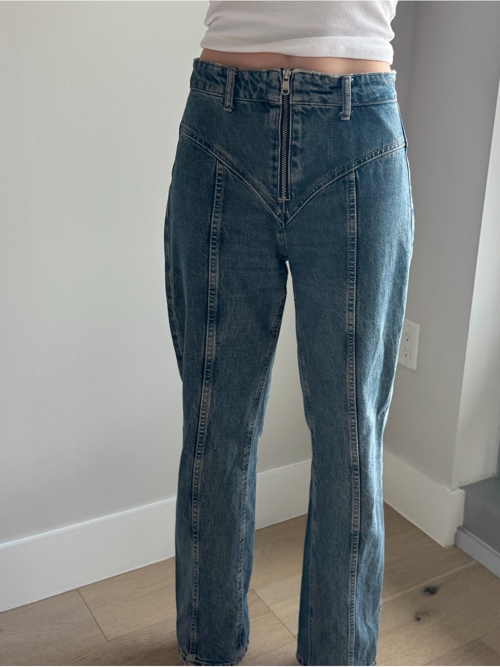 Mid-Rise Blue Denim Jeans with Front Zip